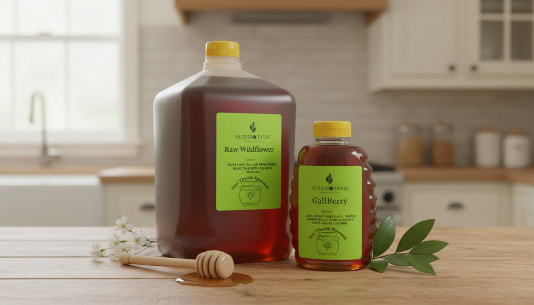 NutriBotanix Wildflower and Gallberry honey containers staged together on a rustic wood surface.