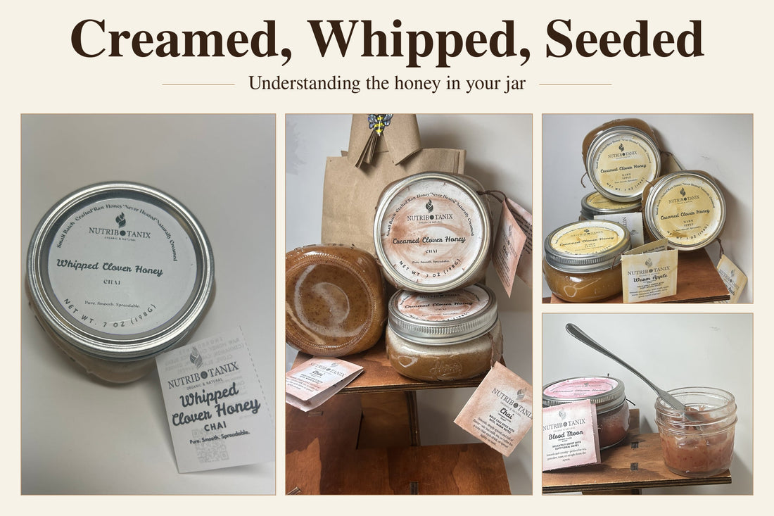 Original-photo collage of NutriBotanix Whipped Chai, Creamed Chai, Warm Apple, and Blood Moon honey jars.
