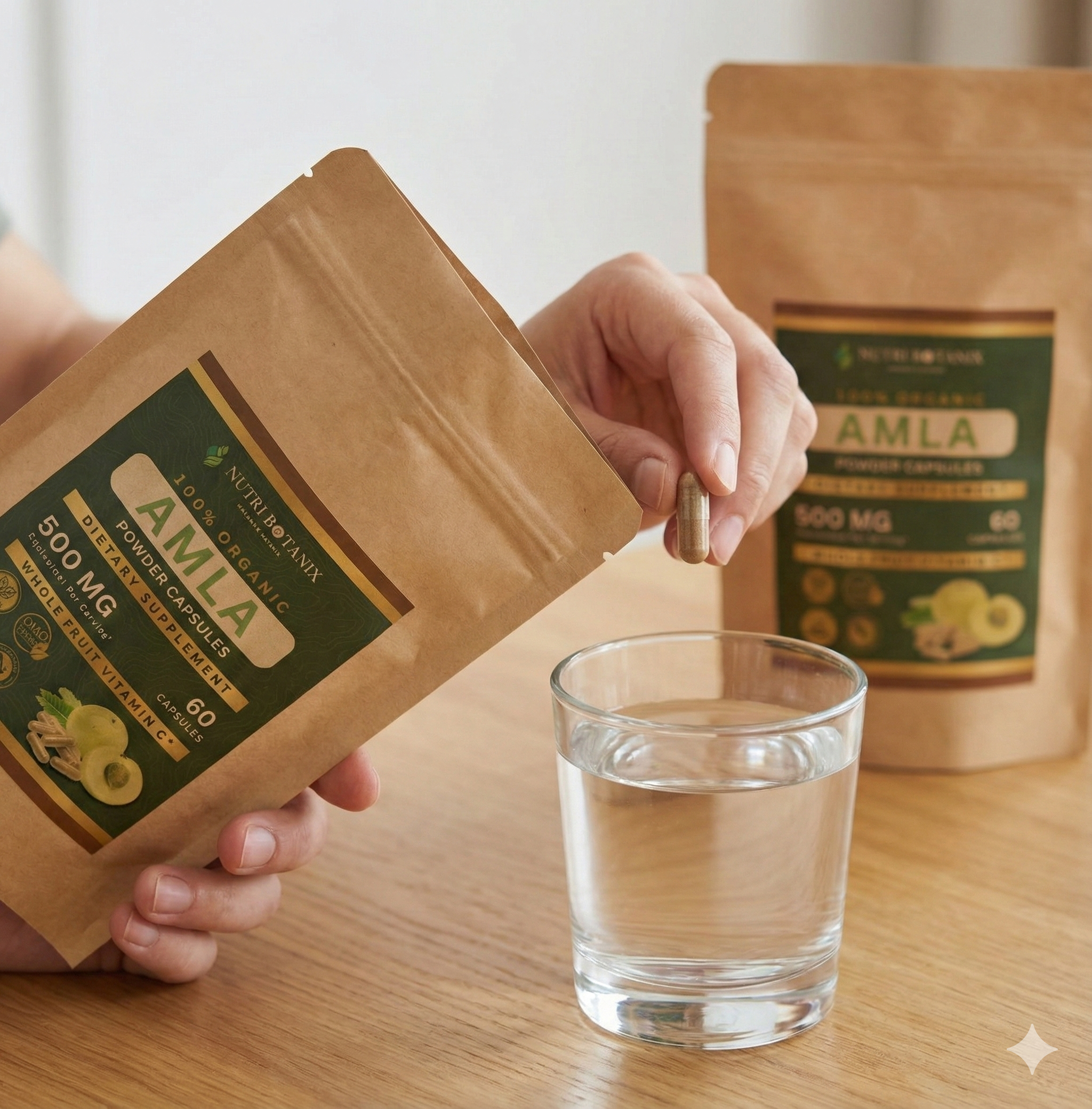 Amla powder capsule detail — organic whole fruit powder, one ingredient, vegetarian pullulan capsule