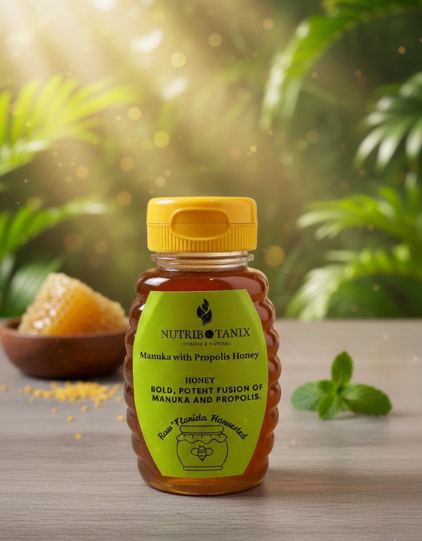 NutriBotanix raw honey jar with honeycomb and greenery