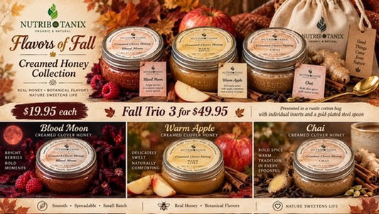 NutriBotanix Flavors of Fall gift trio with Blood Moon, Warm Apple and Chai creamed honey, cotton gift bag, product inserts and gold-plated spoon.