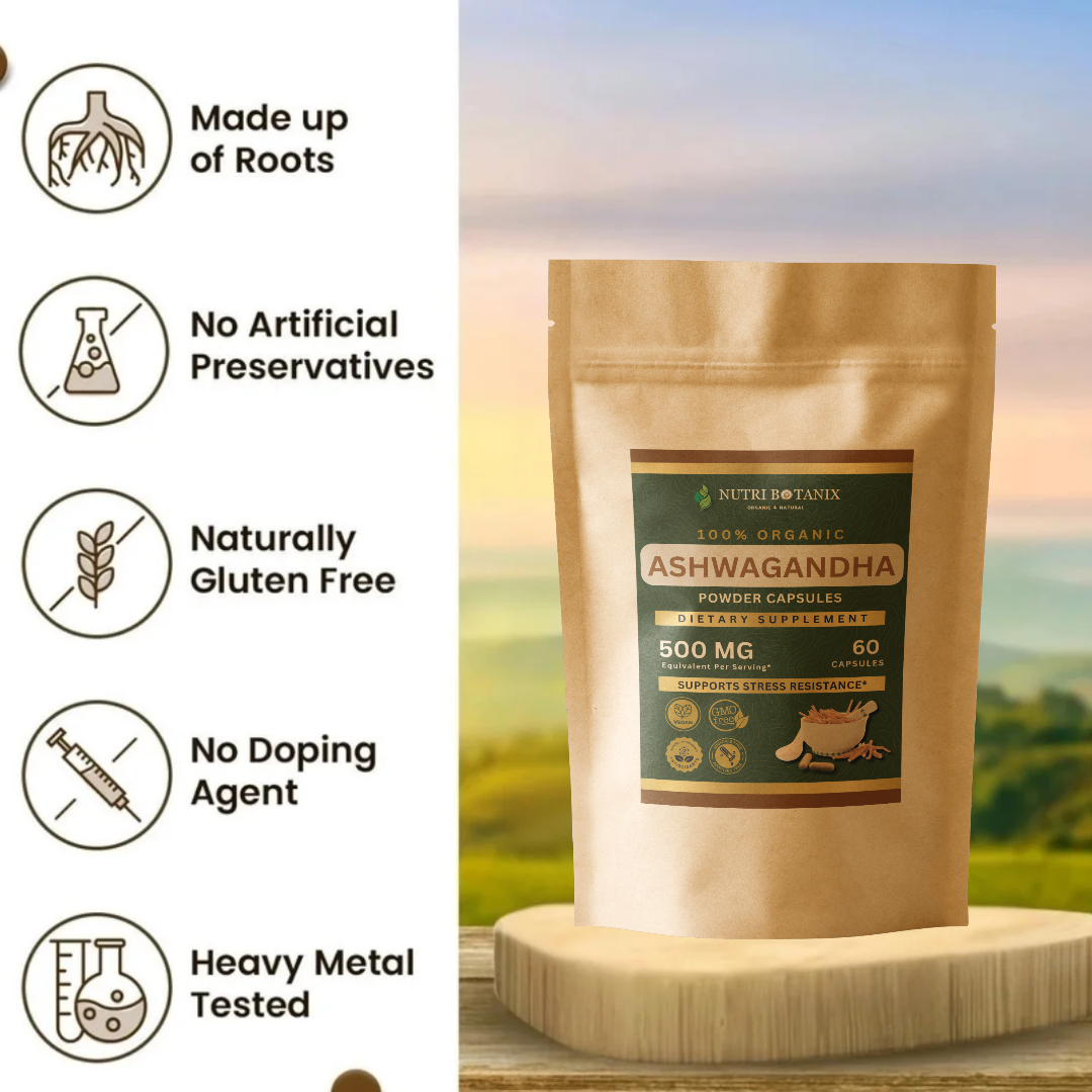 Ashwagandha root powder capsules — India-sourced, small-batch, lab-tested by NutriBotanix